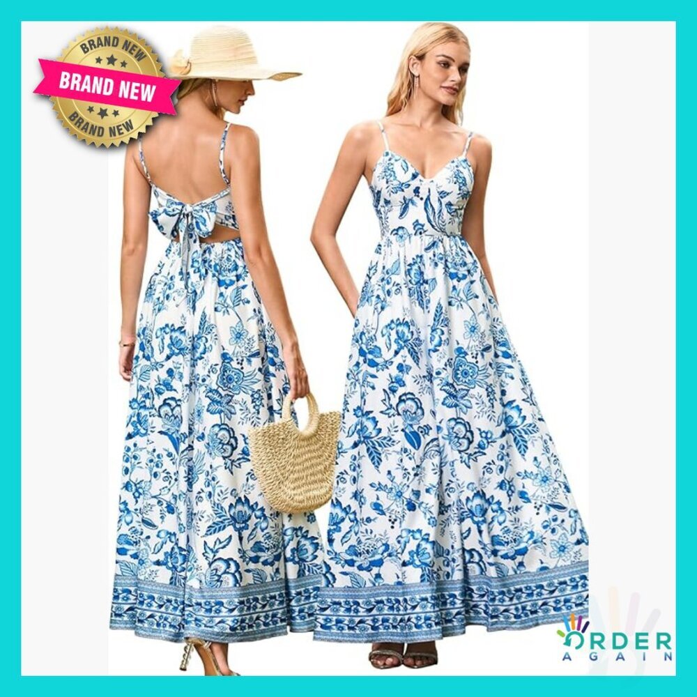 Floral Maxi Sundress Boho V-Neck Spaghetti Strap Backless Flowy Summer Dress
